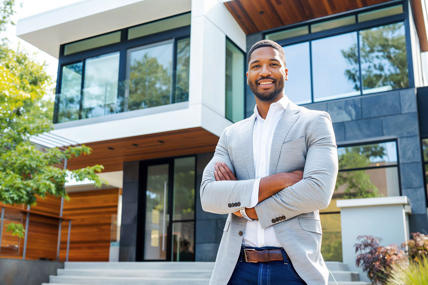 Smiling man in a light blazer outside a modern home